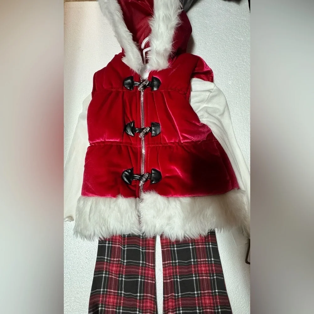 Little Lass 3 Pcs Faux Fur Hooded Jacket & Shirt + Plaid Pants